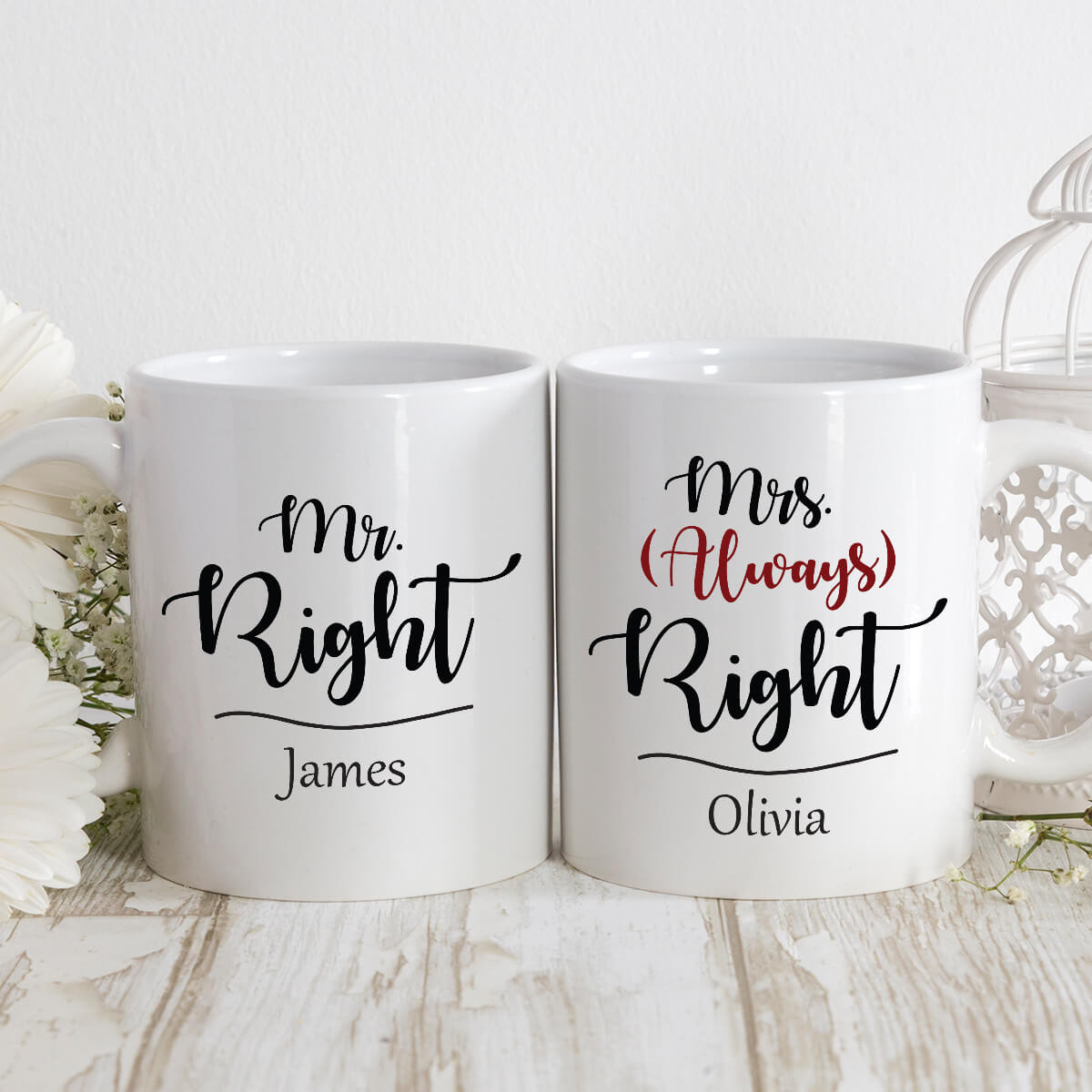 personalised mr and mrs right double mug