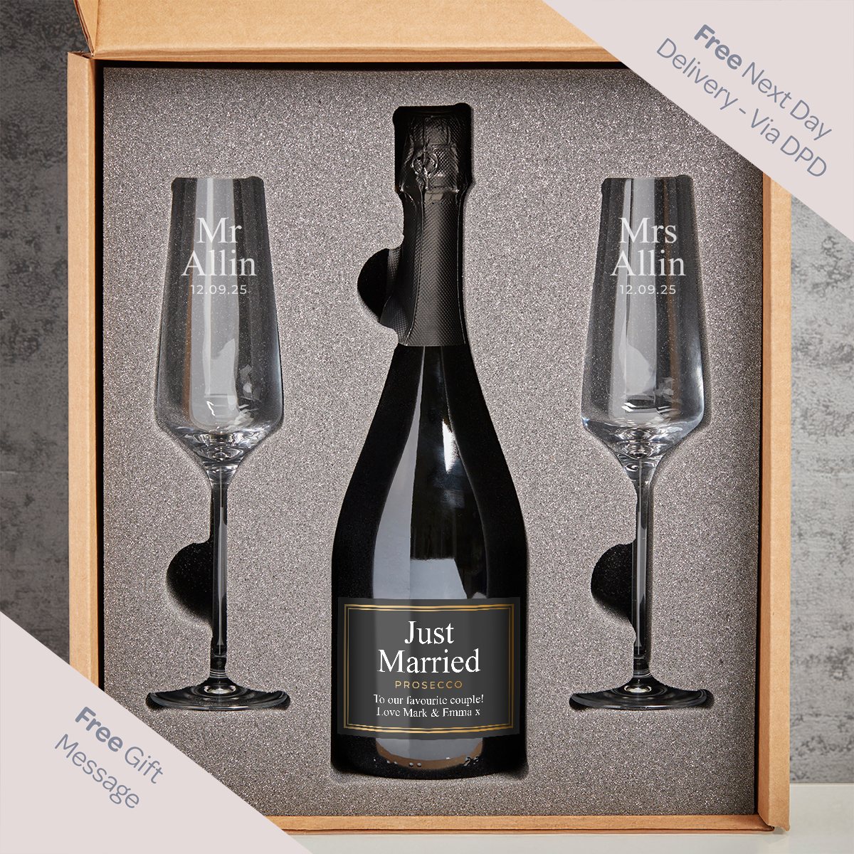 Mr & Mrs Just Married Boutique Gifts Prosecco Double Glass With Bottle Gift Set
