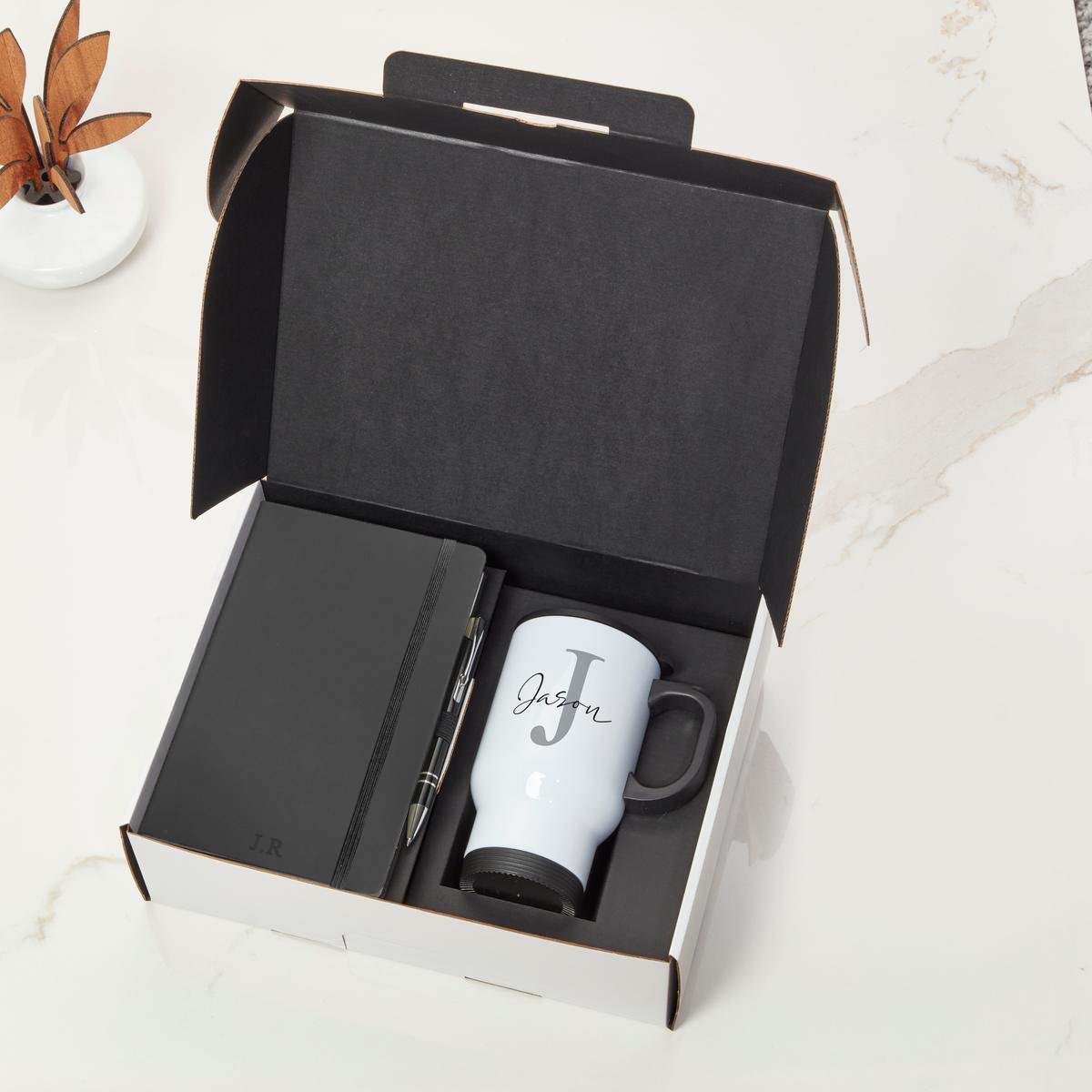 Black Castelli Notebook, Pen & Black Travel Flask Mug With Black Handle Gift Set 