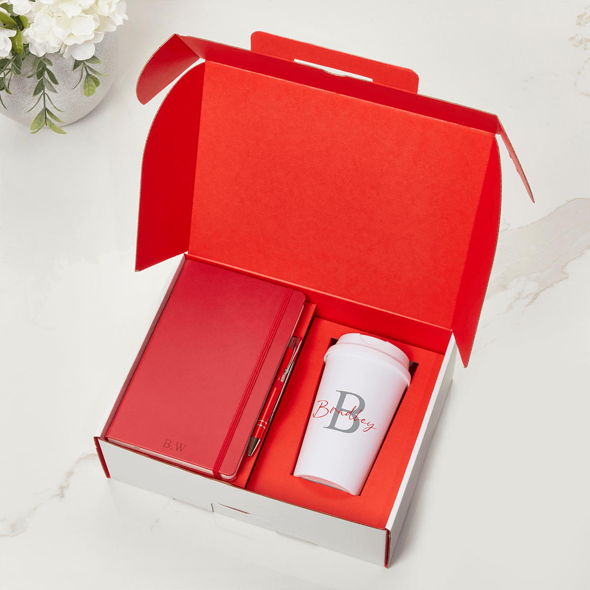 Script Initial Red inner With Red Notebook Red Pen & All White Travel Flask