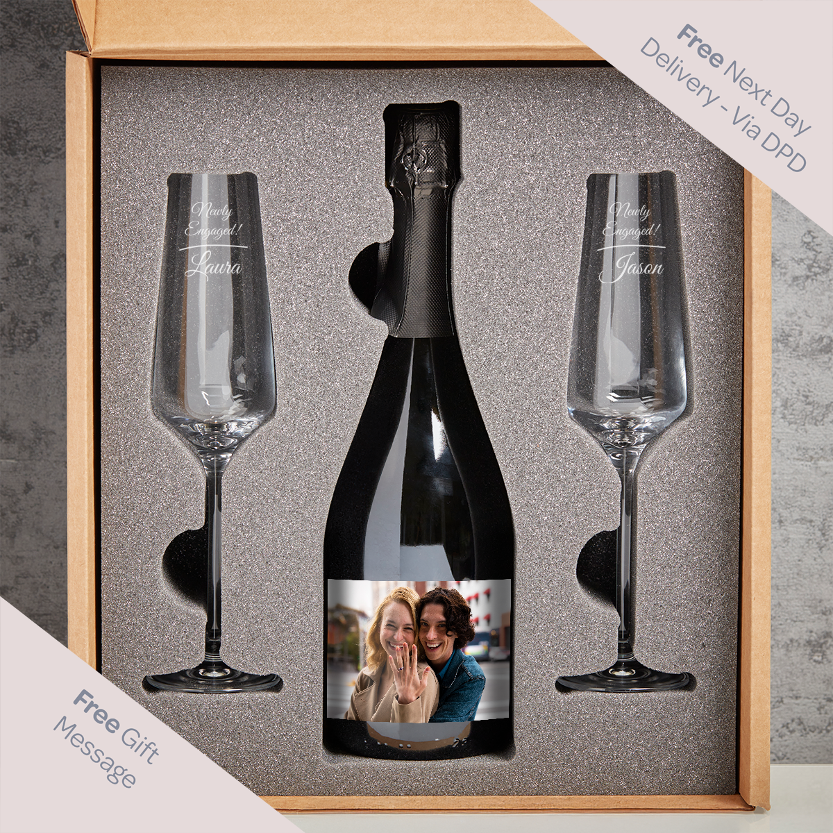 Newly Engaged Photo Upload Boutique Gifts Prosecco Double Glass With Bottle Gift Set 