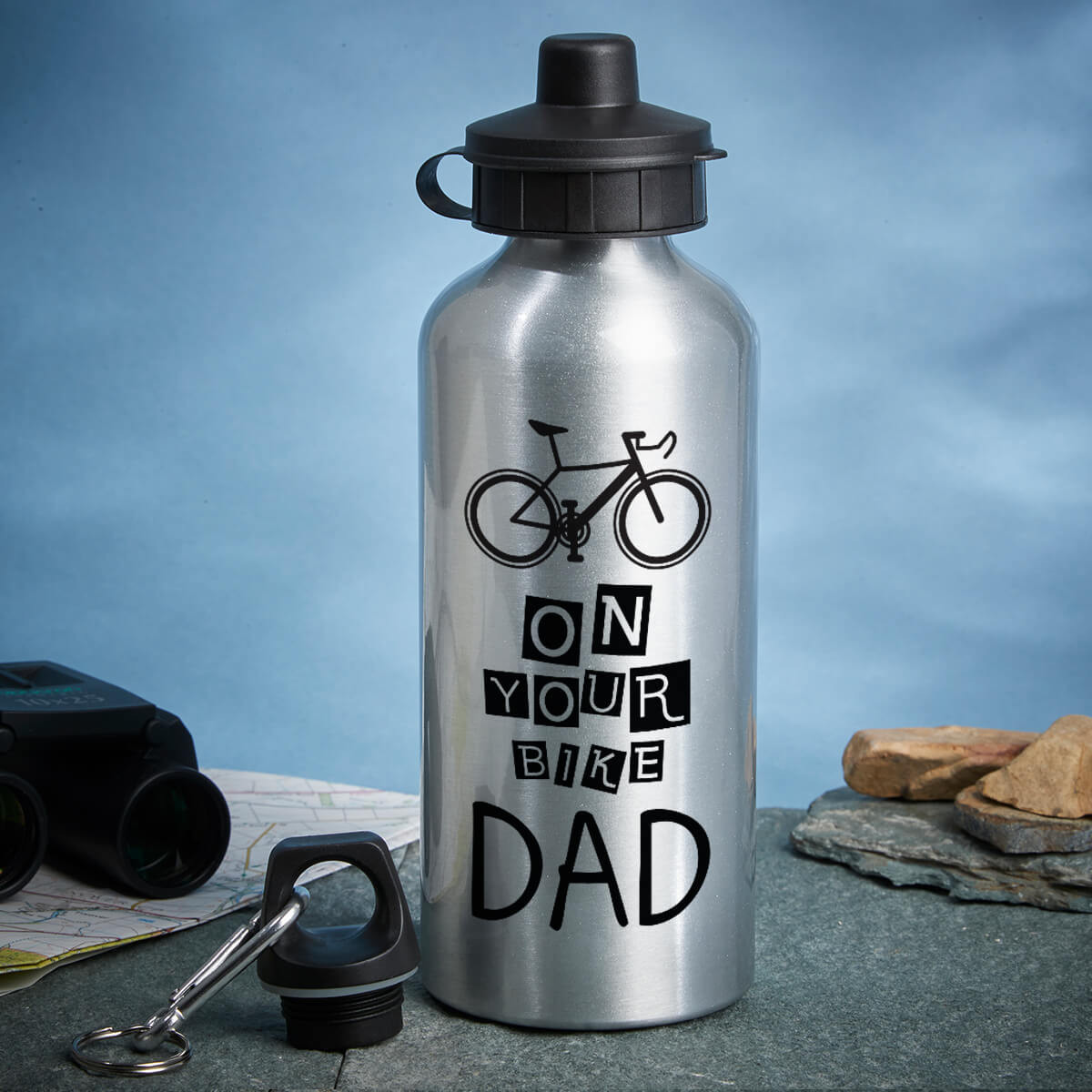 personalised on your bike silver water bottle