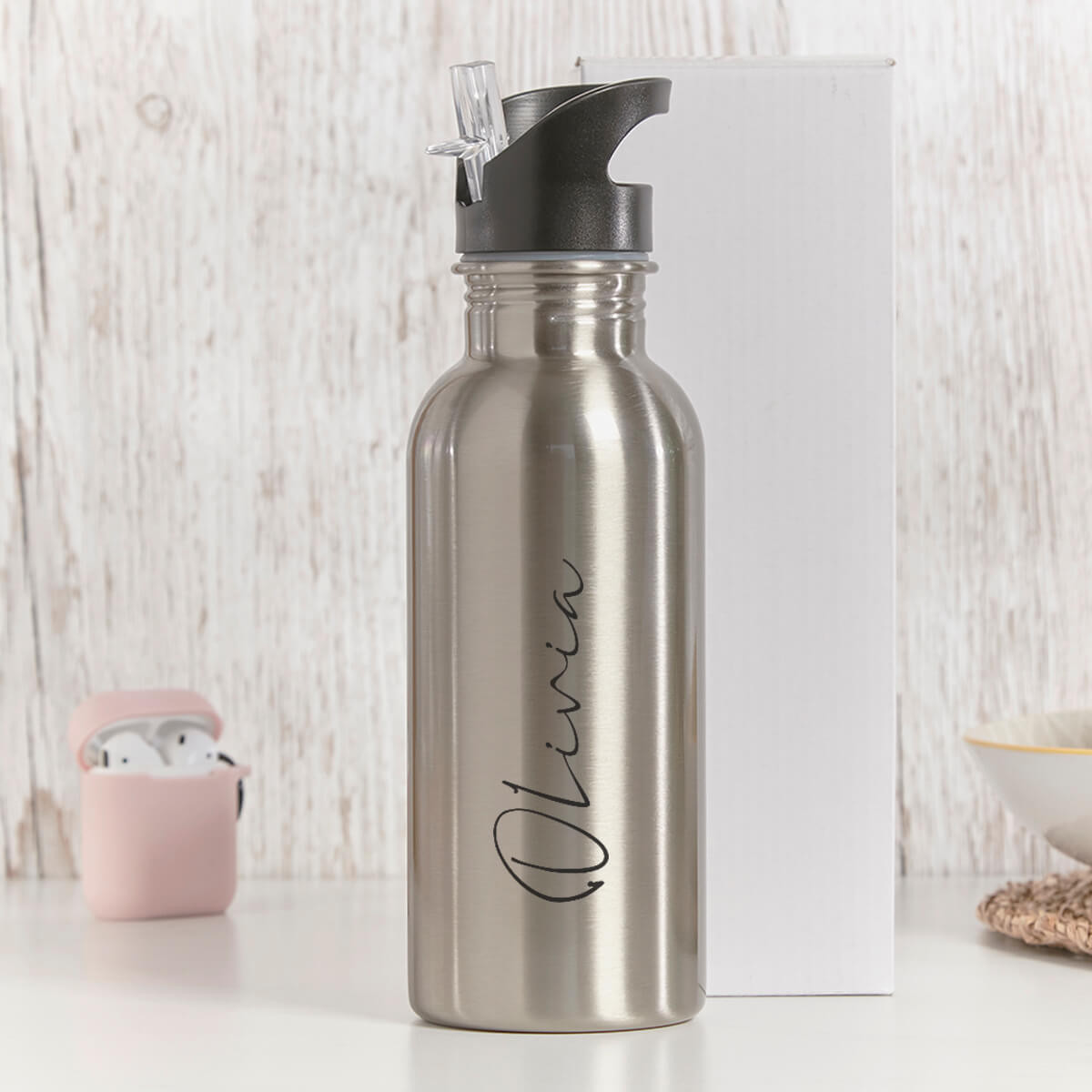 personalised Ornate Name Watter Bottle with Straw