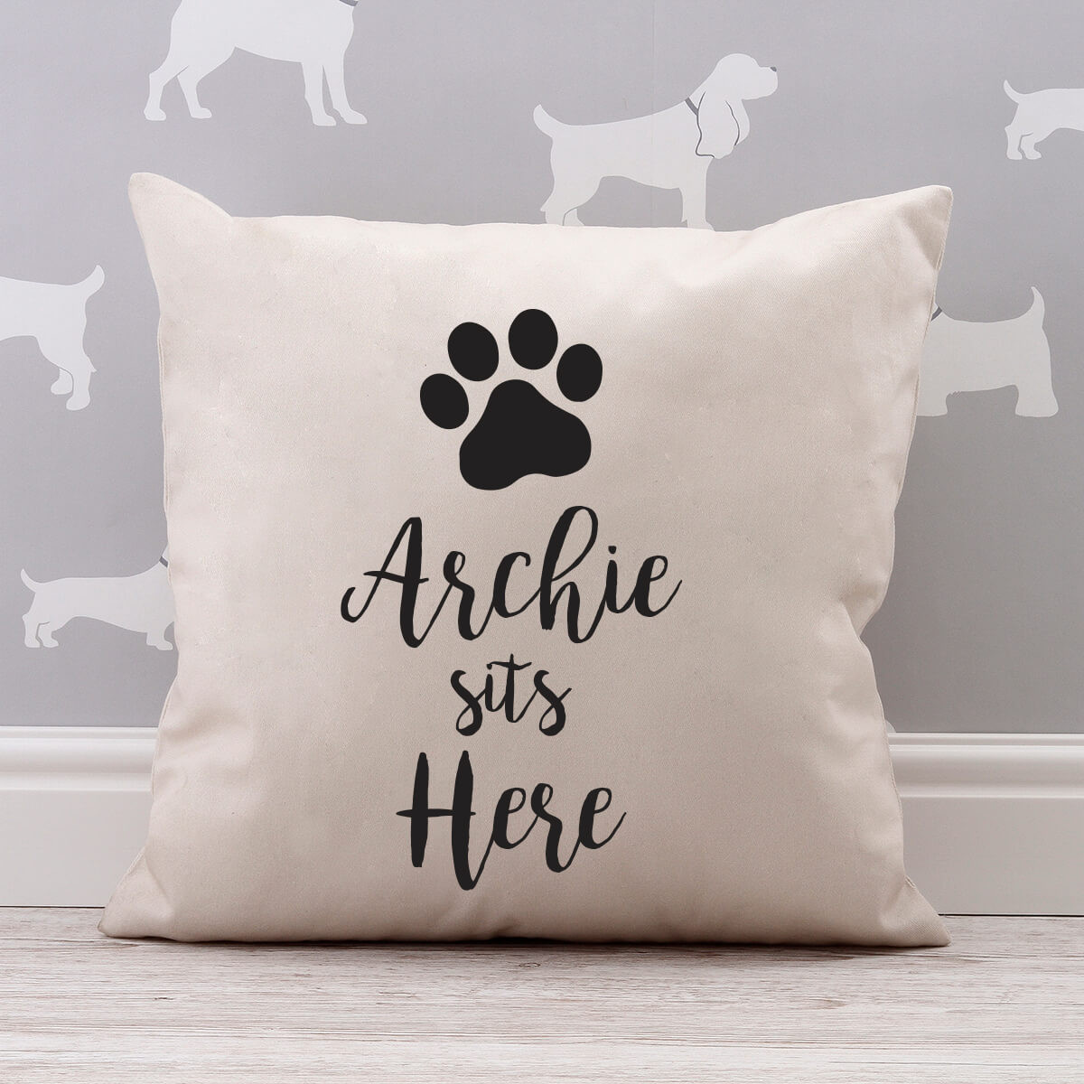 personalised Dog Sits Here Cotton Cushion