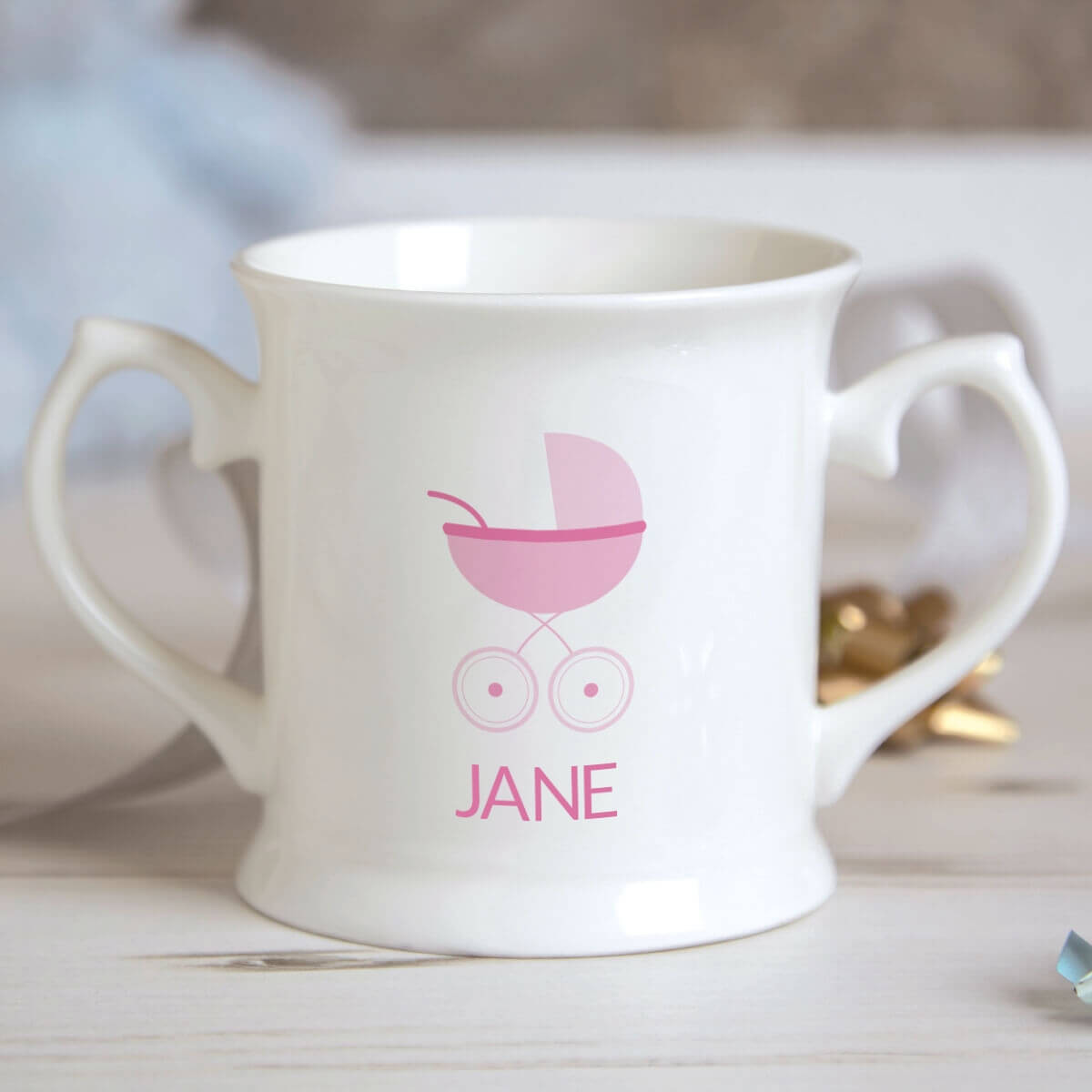 Personalised Baby Girl Pram Christening Mug