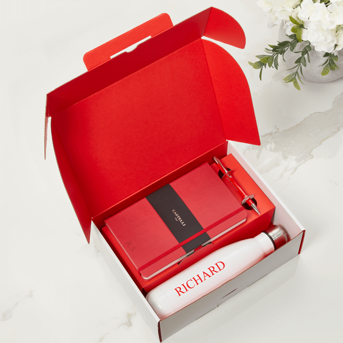 Red Castelli Notebook, Pen & White Water Bottle Gift Set