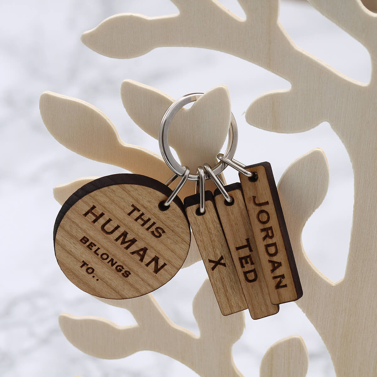 personalised Wood Round Keyring with Tabs