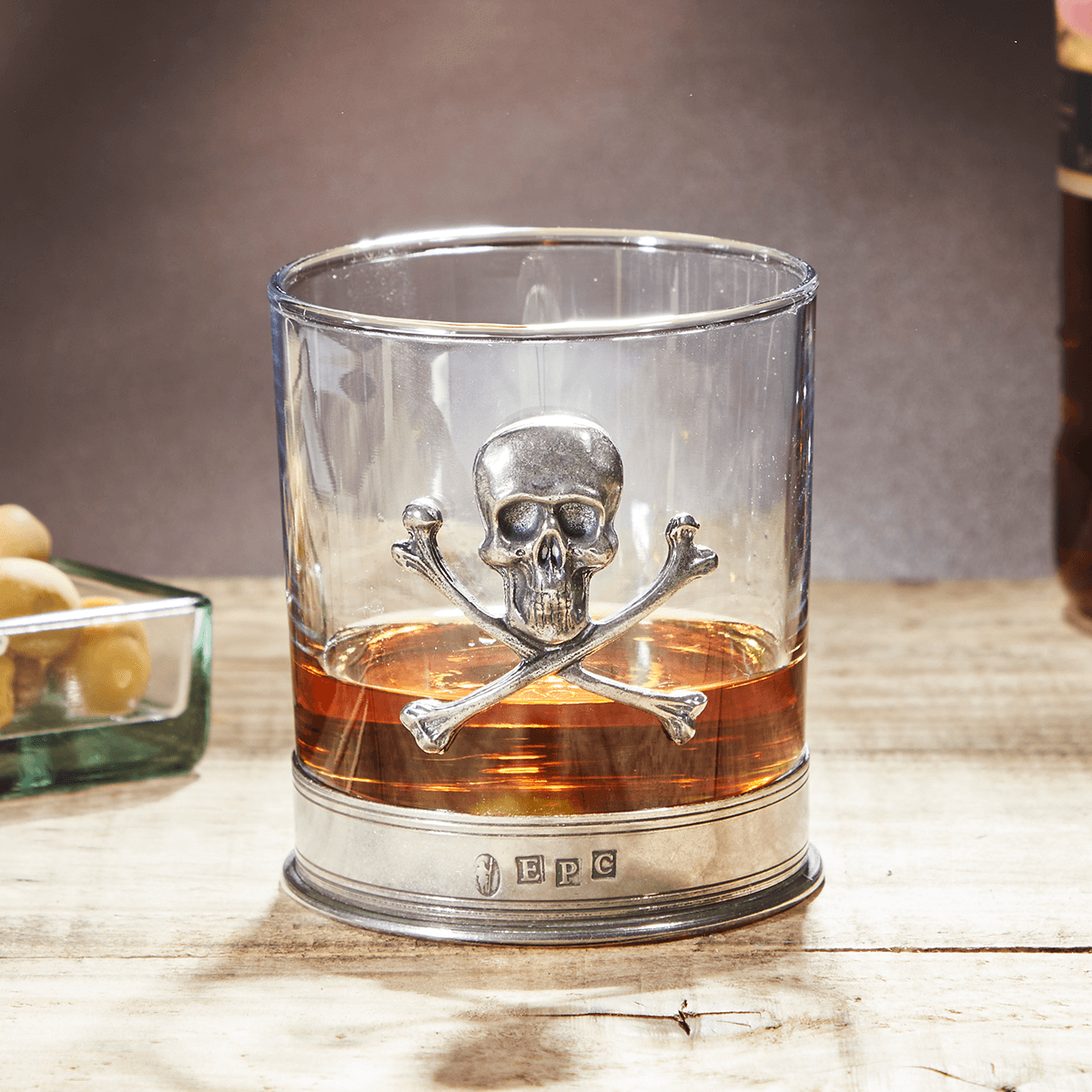 English Pewter Skull & Crossbones Glass Whisky Tumbler