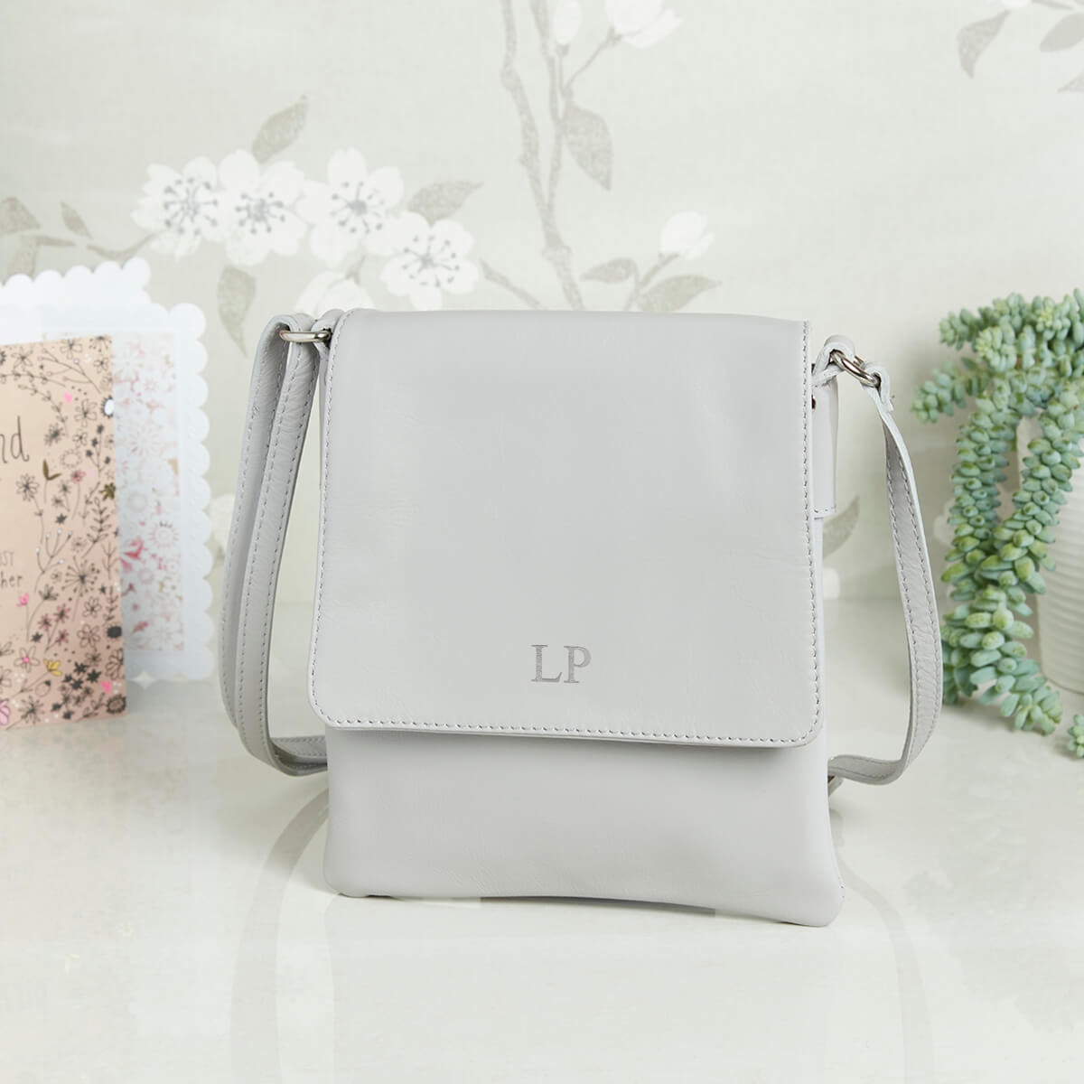 personalised Leather Crossbody Bag light grey