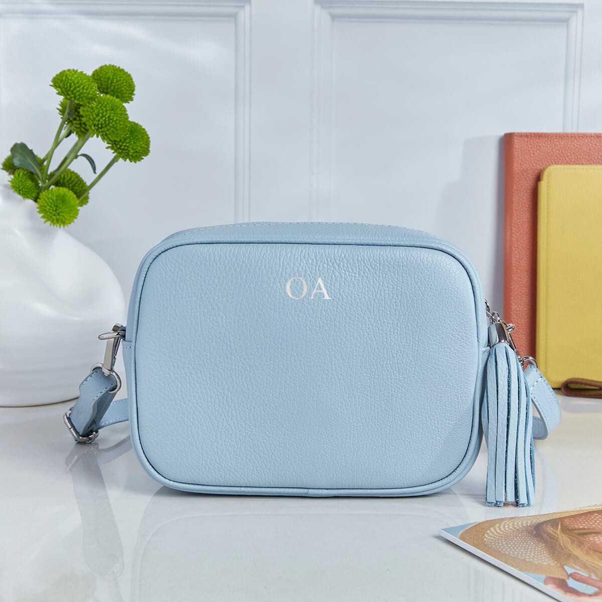 Personalised Crossbody Leather Bag Light Blue Boutique Gifts