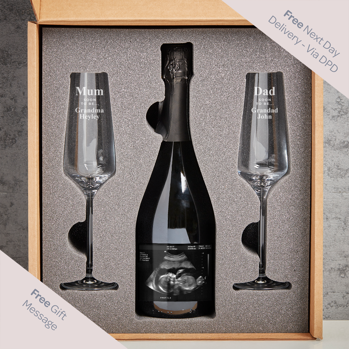 Soons To Be Grandma & Grandad Baby Scan Boutique Gifts Prosecco Double Glass With Bottle Gift Set