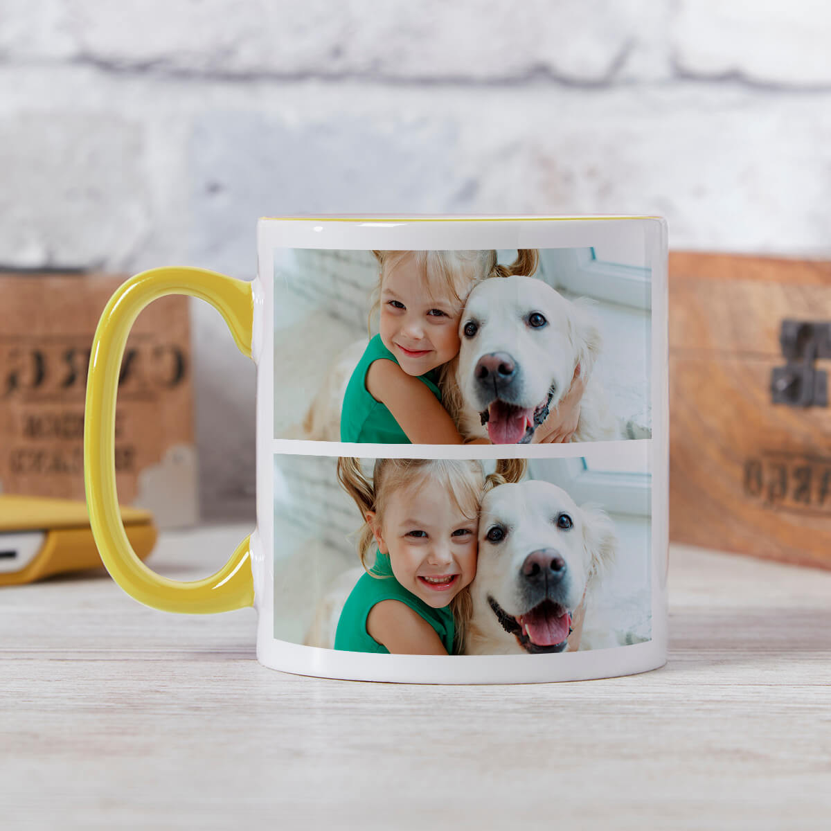 personalised Yellow Two Tone Split Photo Mug