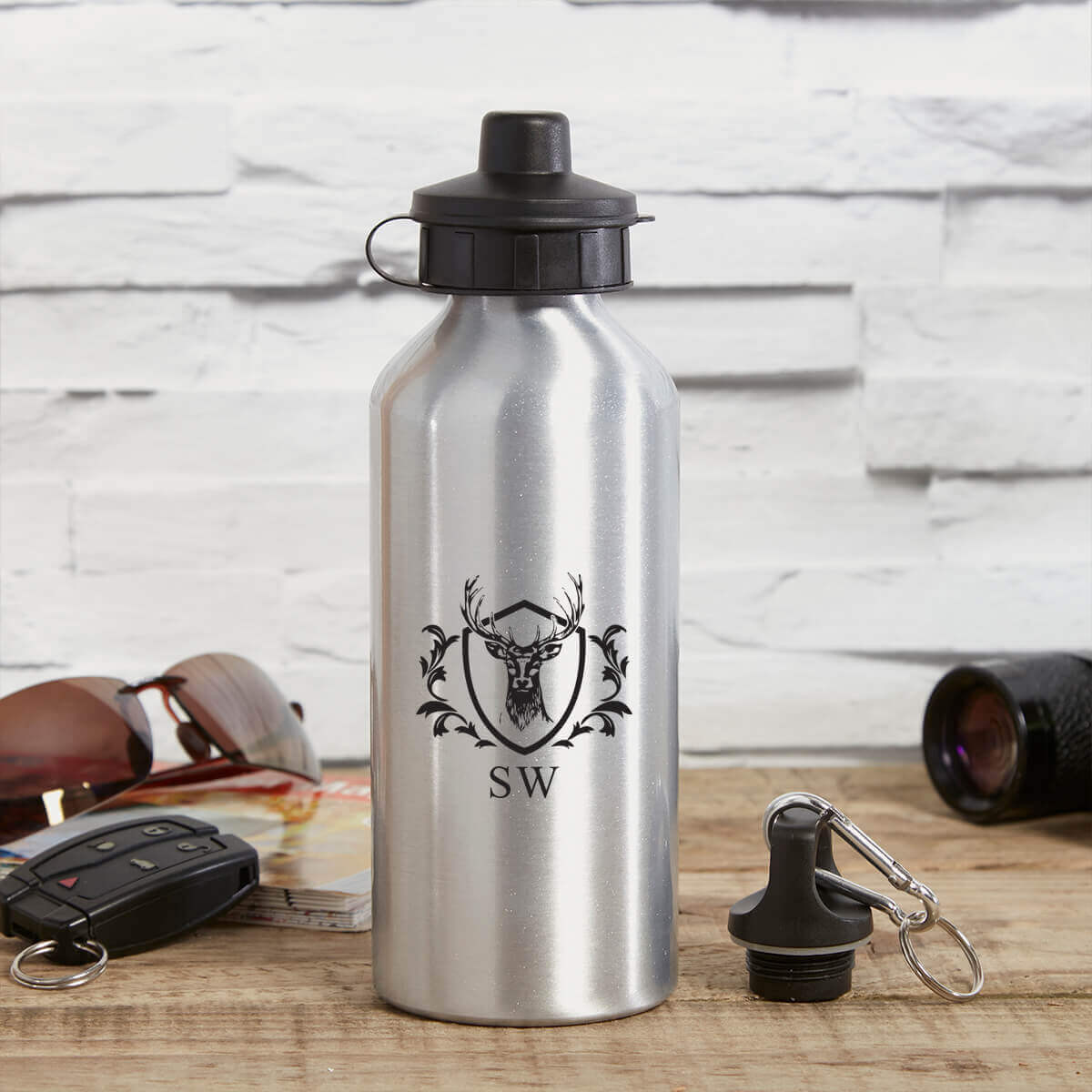 personalised Stag Head Crest Silver Water Bottle