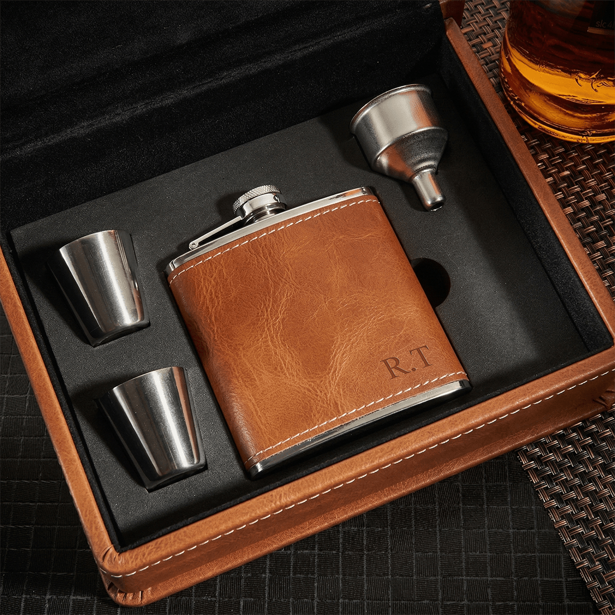 Deluxe Hip Flask Gift Set Tan