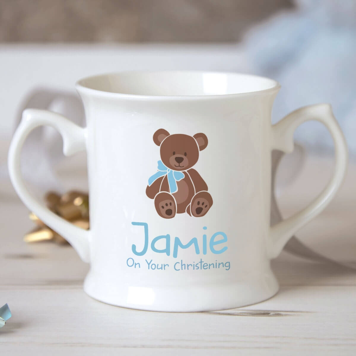 Personalised Baby Boy Footprint Christening Mug