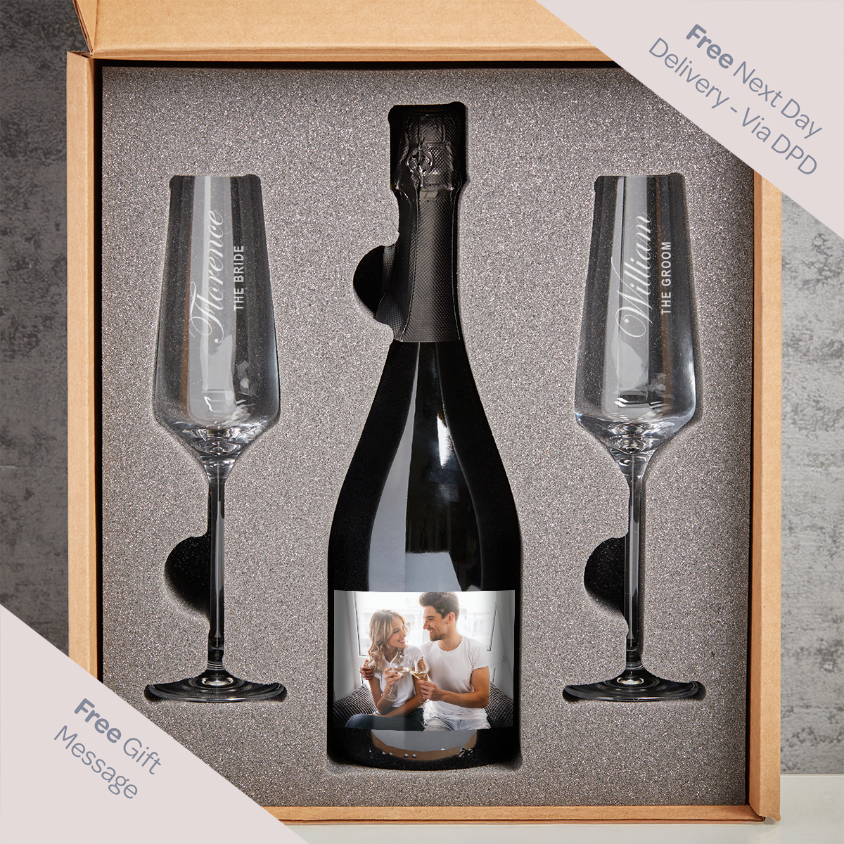 The Bride & Groom Photo Upload Boutique Gifts Prosecco Double Glass With Bottle Gift Set 