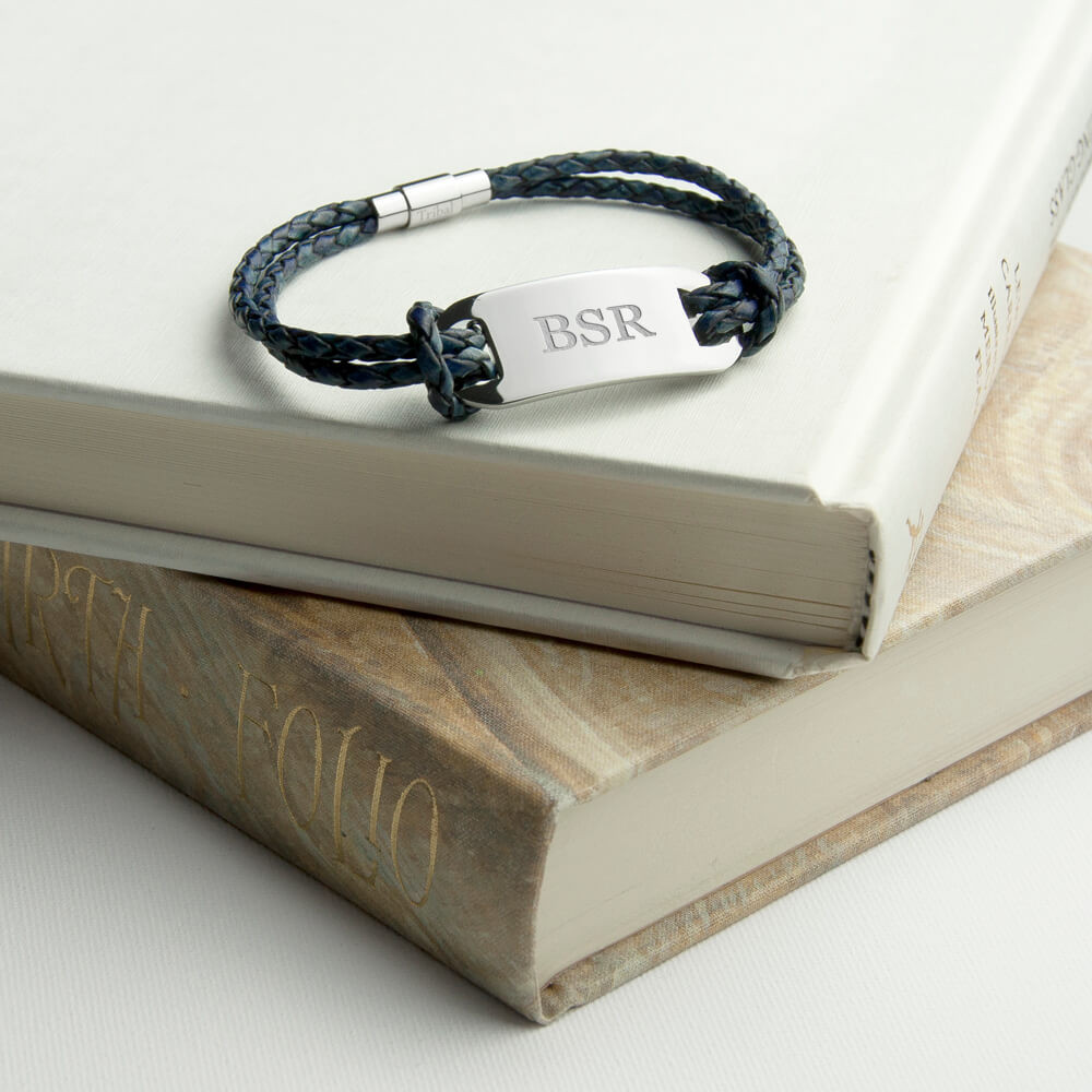 personalised Men's Leather Bracelet - Navy