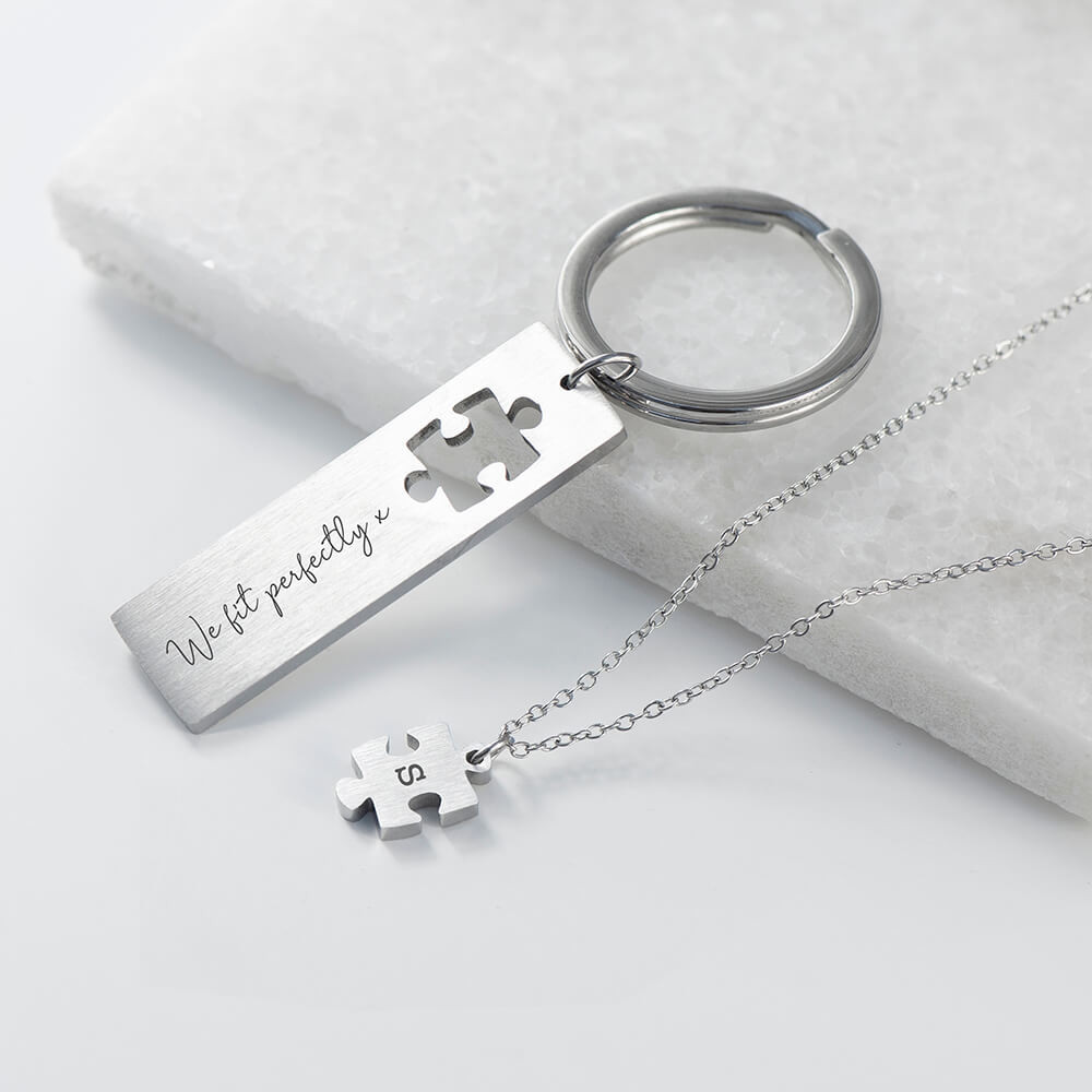 personalised Puzzle Piece Necklace & Keyring Set