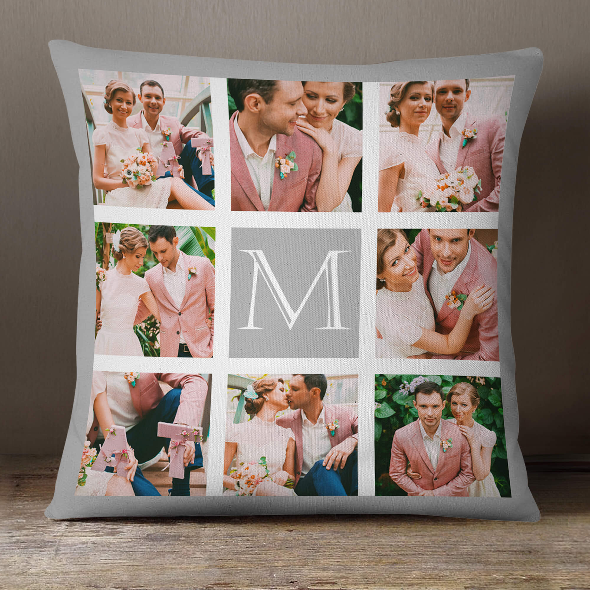 personalised Monogram Silver Border Collage Cushion (White) 18x18"