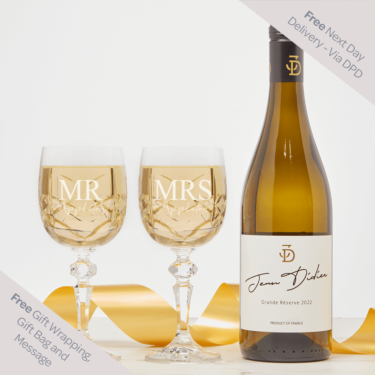Mr & Mrs x2 Goblet Gift Set With Bottle Of White Wine