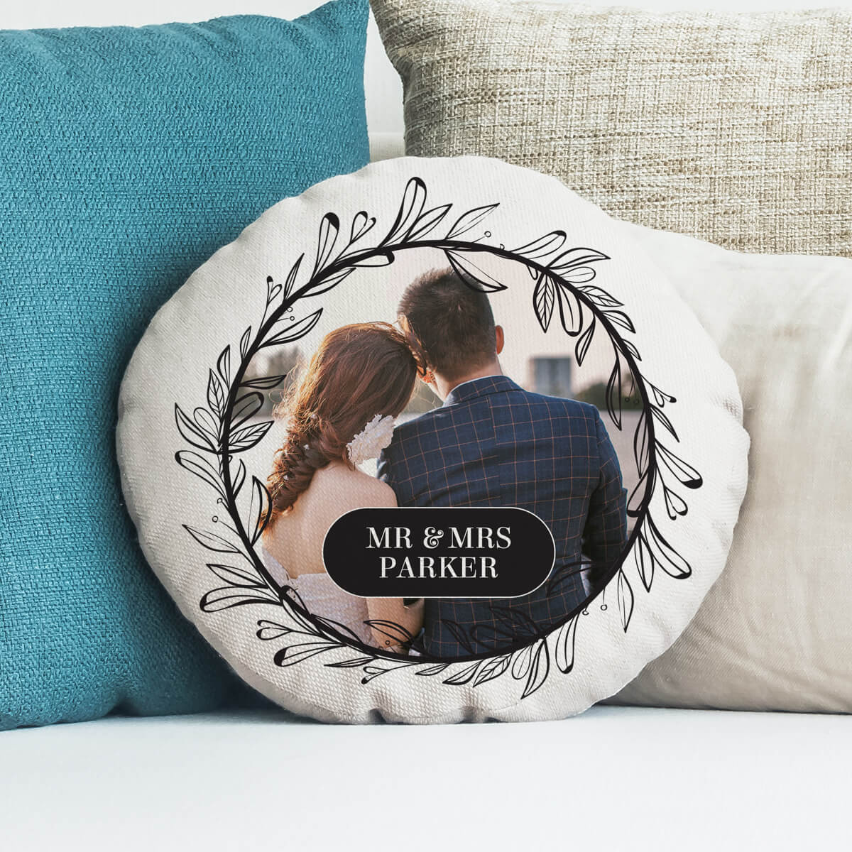 personalised Wreath Round Photo Cushion 18"