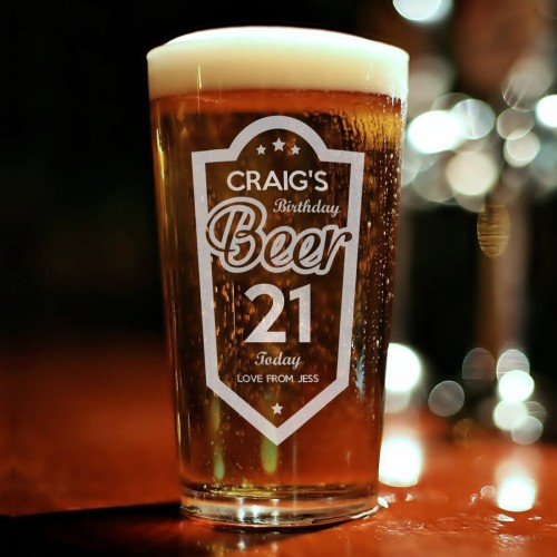 personalised Birthday Beer Shield Engraved Pint Glass