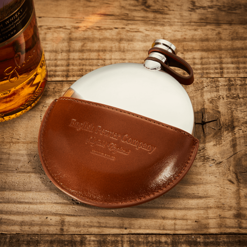 English Pewter 5.5oz Ellipse Hip Flask & Tan Leather Pouch