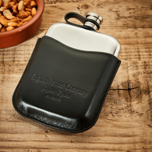 English Pewter 6oz Hip Flask & Black Leather Pouch