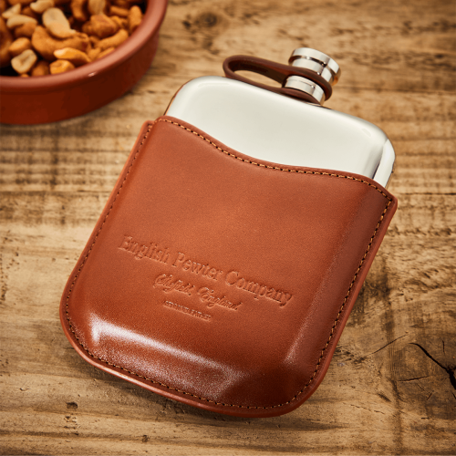 English Pewter 6oz Hip Flask & Tan Leather Pouch