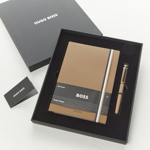 Hugo Boss A5 Iconic Camel Lined Notebook & Loop Camel Rollerball Pen Gift Set