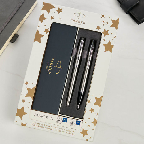 Parker IM Ballpoint and Fountain Pen Gift Set | Stainless Steel Chrome Trim