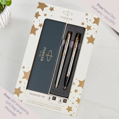 Parker IM Ballpoint and Rollerball Pen Gift Set | Brushed Metal with Gold Trim