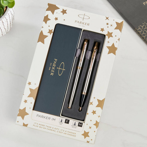 Parker IM Ballpoint and Rollerball Pen Gift Set | Brushed Metal with Gold Trim