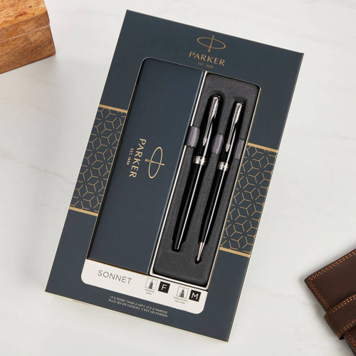 Parker Sonnet Duo Pen Set with Ballpoint and Rollerball Pen | Gloss Black with Chrome Trim 