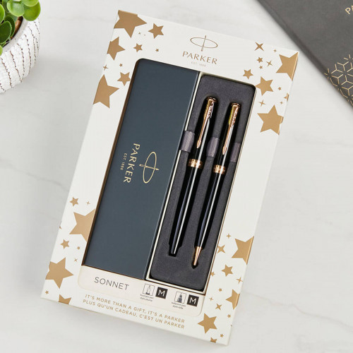 Parker Sonnet Duo Gift Set with Ballpoint Pen & Fountain Pen (18K Gold Nib) | Gloss Black with Gold Trim 