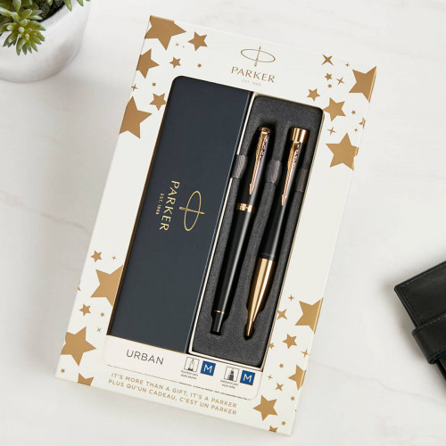Parker Urban Ballpoint and Fountain Pen Gift Set | Muted Black with Gold Trim