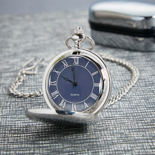 personalised Chrome Pocket Watch Blue Dial