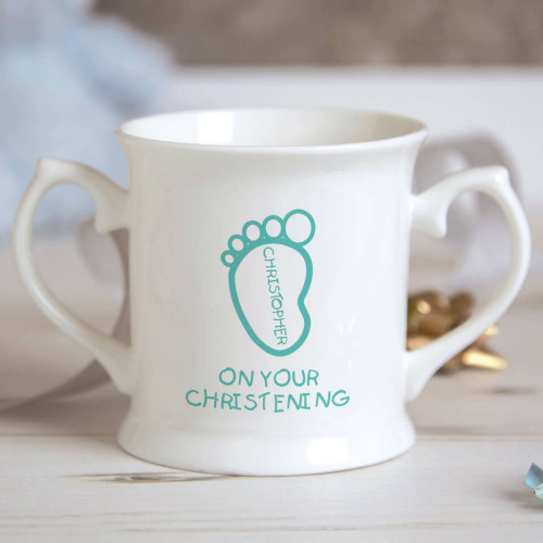 Personalised Baby Boy Footprint Christening Mug
