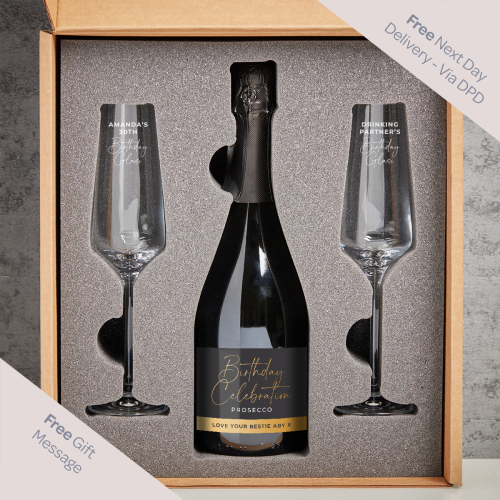 Birthday Celebration Boutique Gifts Prosecco Double Glass With Bottle Gift Set 