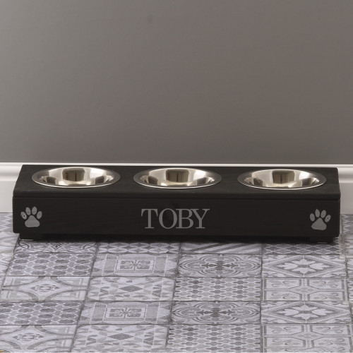 personalised black triple pet feeder