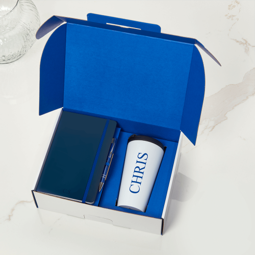 Blue Notebook & Pen & White With Black Lid Travel Flask
