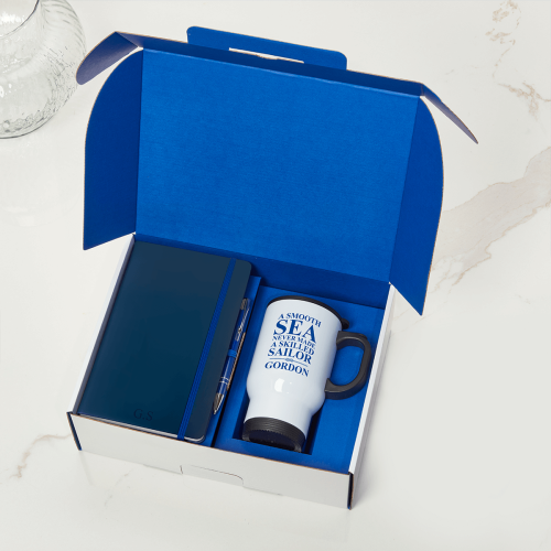 Skilled Sailor Blue Inner with Blue Notebook & Pen & White With Black Handle Travel Mug