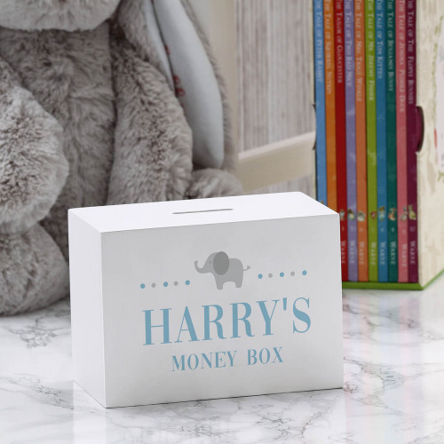 personalised Baby Boys Elephant Wooden Money Box