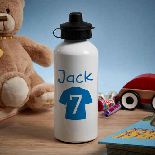 Personalised Blue Football Shirt White Water Bottle