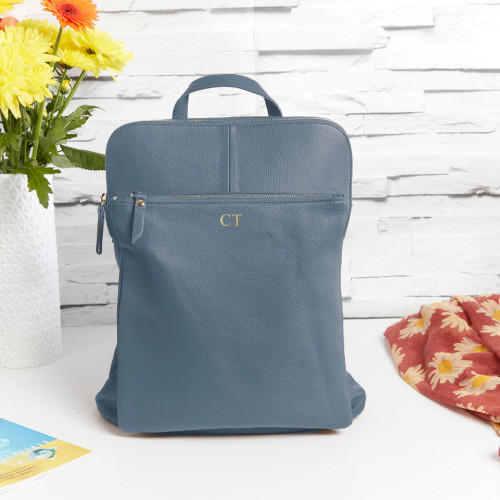 personalised Leather Backpack Shoulder Bag Blue