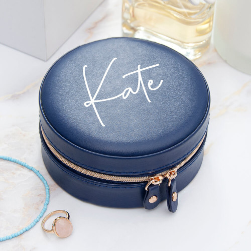 personalised Round Jewellery Case - Blue