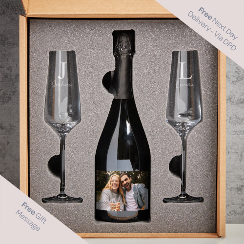 Initial Script Name Photo Upload Boutique Gifts Prosecco Double Glass With Bottle Gift Set 