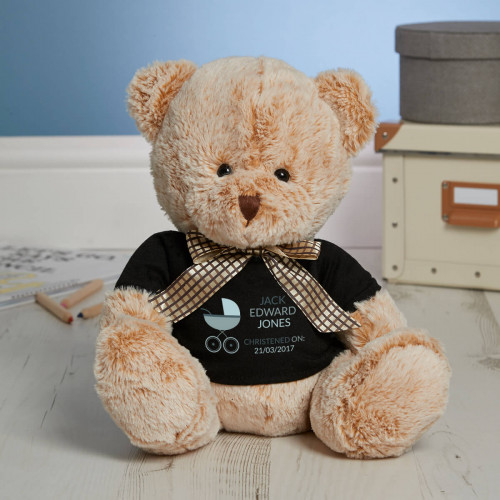 Personalised Blue Pram Christening Beige Fluffy Teddy Bear