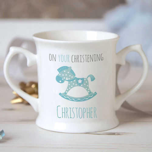 personalised Boy Rocking Horse Christening Mug