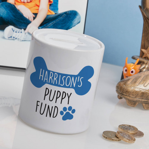 personalised blue puppy fund money box